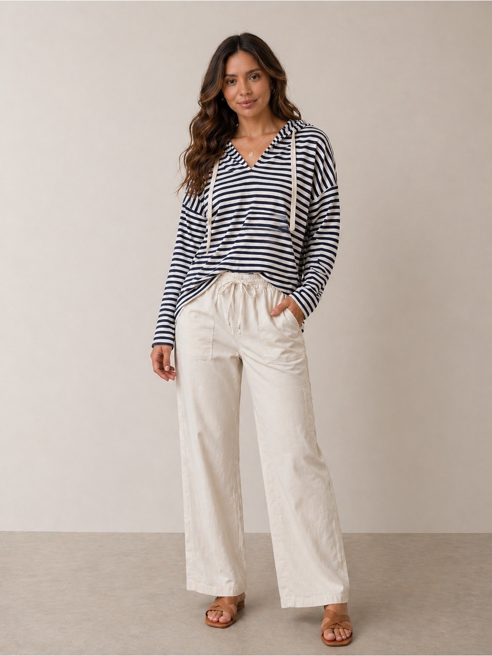 LOU & GRAY Striped Blue and White Lightweight Hoodie Sweatshirt Nautical Sz XS